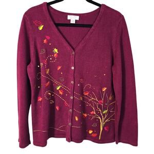 VTG Christopher and Banks Sweater Women's XL Burgundy Embroidered Sequin Leaf